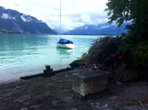 Boat on Lake Geneva with Mountains
